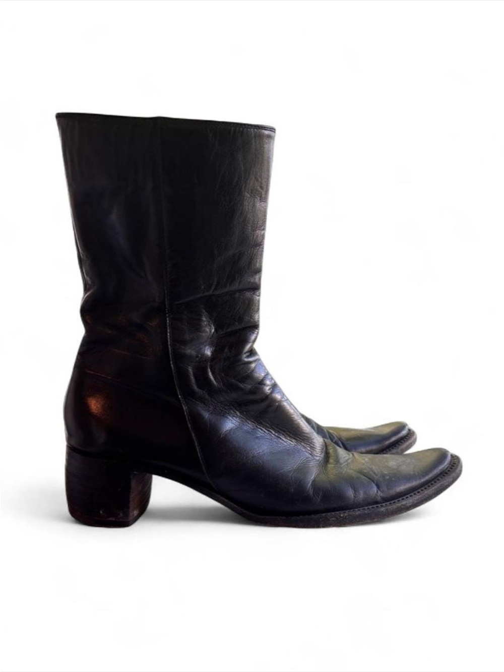 Rocco P Western Pointed Toe Black Leather Heel Boots Size 38